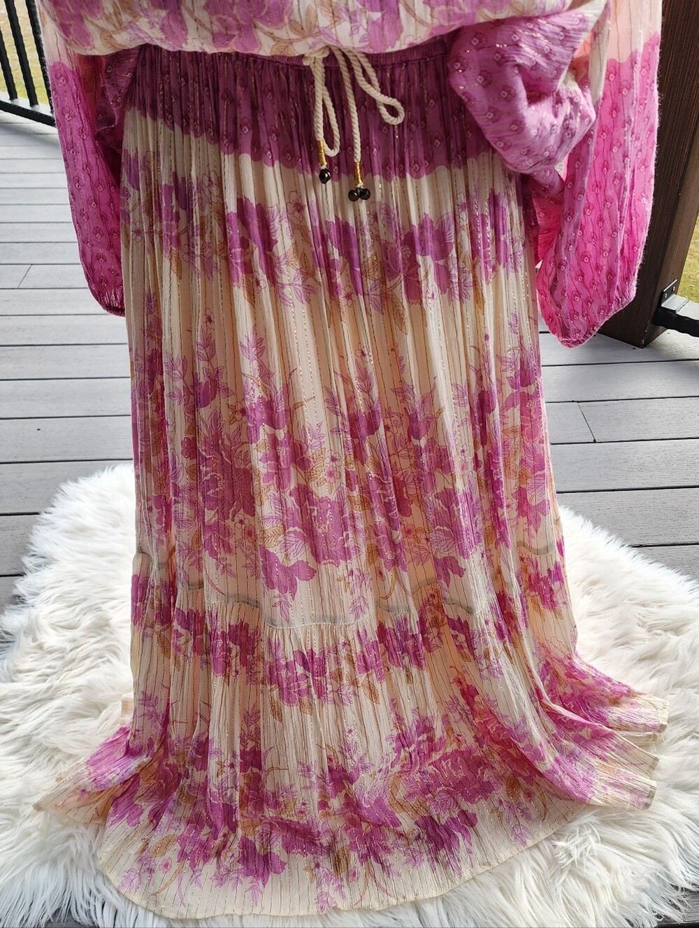 Spell & Gypsy Coco Lei Maxi Skirt Size L Pink Floral Gold Lurex